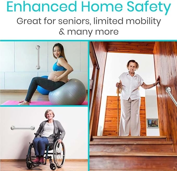 Vive Grab Bar for Showers - Bathroom Antislip Handrail for Seniors, Elderly Assistance Product, Heavy Duty Shower Handles, Handicap Grab Bars, Stainless Steel, Multipurpose, 440 lbs (Nickel)