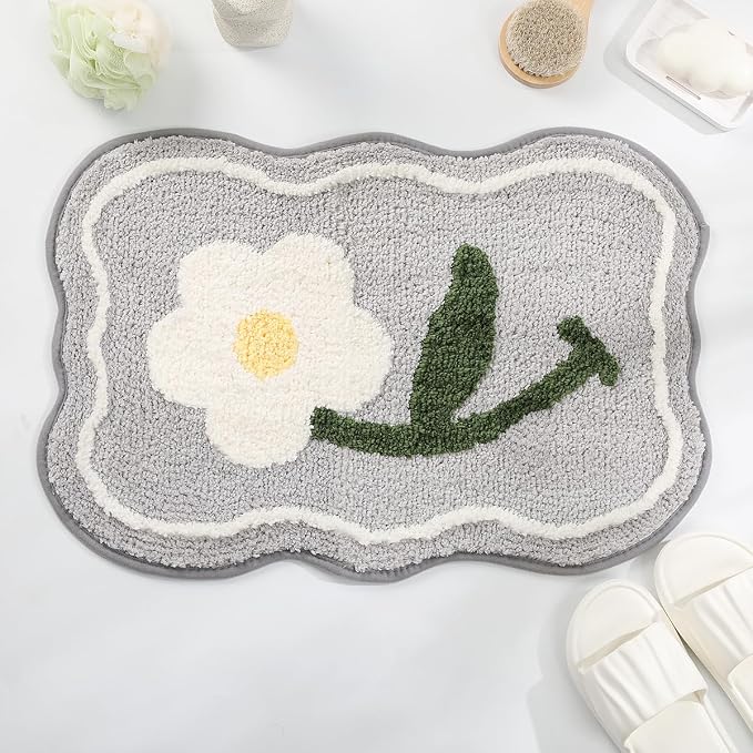 Simplicity Flower Bathroom Mat Non Slip Bath Rug Extra Absorbent and Soft Microfiber Bath Carpet Machine Washable Bath Rug for The Entrance of The Door, Bathroom and Bedroom (31"x20",Grey)