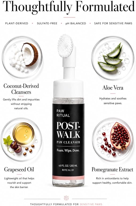 Dog Paw Cleaner, No-Rinse Foaming Paw Cleanser for Dogs with Silicone Brush, Gentle for Sensitive Paws, Puppy Safe, Plant-Derived Formula, Paw Ritual Post-Walk, 6.8 fl oz