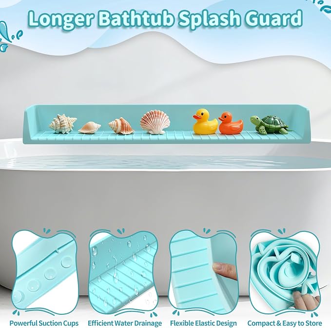 Bathtub Splash Guard for Tub Kids, 31” Longer Silicone Water Splash Guard for Bathtub,Play Shelf for Bathing with 11 Strong Suction Cups,Prevents Water Spills in Bathroom (Blue)