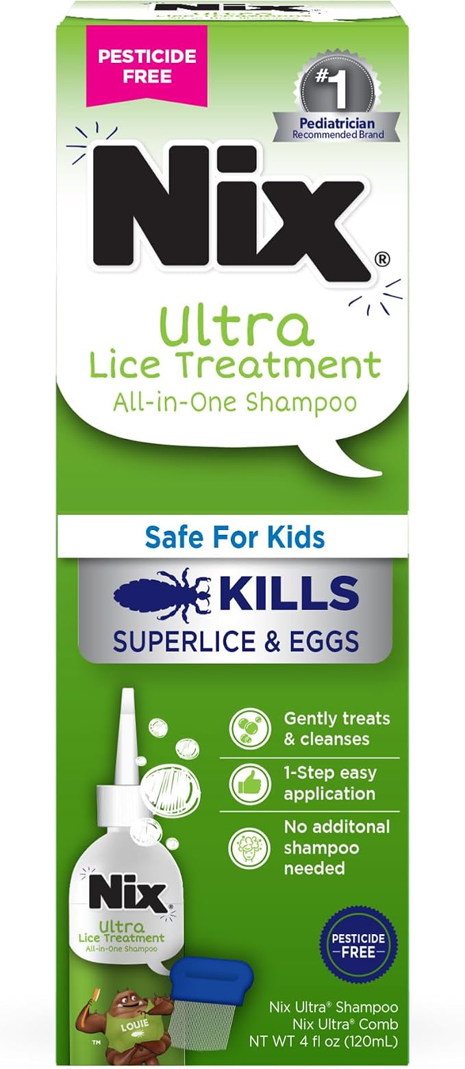 Nix Ultra Superlice Treatment, All-in-One Shampoo, 4 Fl Oz & Lice Removal Comb