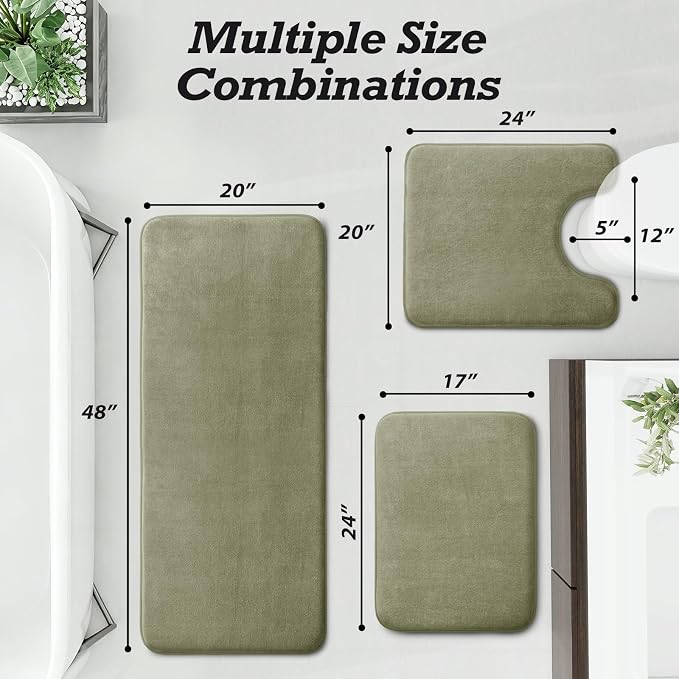 HUXMEYSON Bathroom Rugs Sets 3 Piece, Non-Slip & Quick Dry Bath Mat Set, Ultra Soft Velvet Bath Rugs for Bathroom, Toilet and Shower Floor, Olive Green