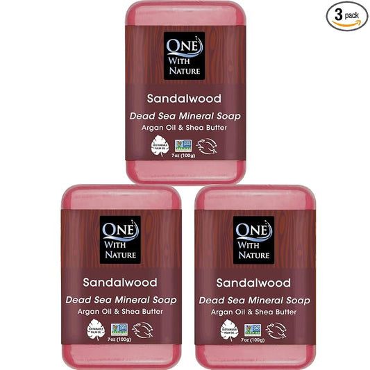 One With Nature Dead Sea Salt Sandalwood Soap 7oz 3-Pack – Purifying and Exfoliating Soap Bar with Dead Sea Minerals and Sandalwood for Face & Body, for Men & Women