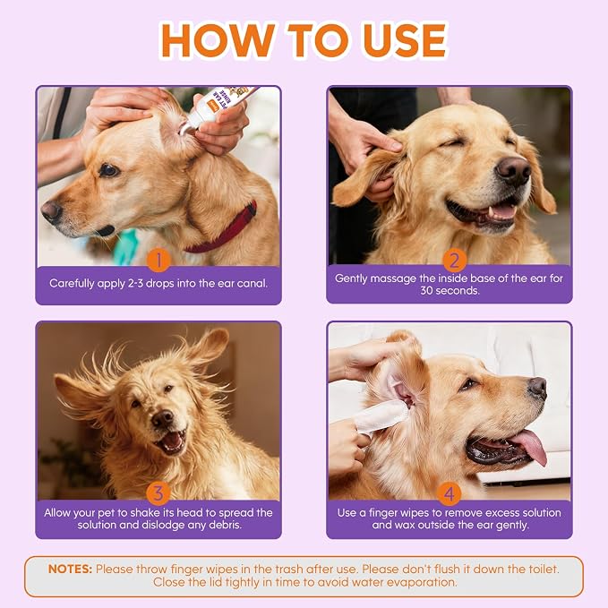 Pjordo Pet Ear Cleaner Set - Dog Ear Cleaner with Aloe Vera & Witch Hazel, Dog & Cat Ear Cleaner Solution for Soothing Ear Itching & Deodorize, Ear Wipes for Dogs & Cat Gently Removing Ear Wax & Dirt