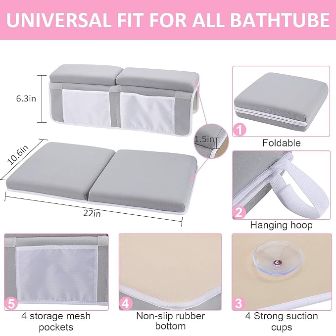 BRH Baby Bath Kneeler & Elbow Rest pad Set for Bath Toys,Baby Bathtub – 1.5 inches Thick Cushion, Non-Slip, 4 Mesh Pockets, Baby Essentials knelling pad, Baby Bath mat