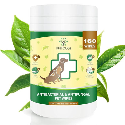Antifungal and Antibacterial Wipes for Dogs & Cats, Dog Yeast Infection Treatment Wipes, All Natural Grooming Wipes for Cleaning, Help with Hot Spots, Ringworm, and Skin Infections, 160 Count