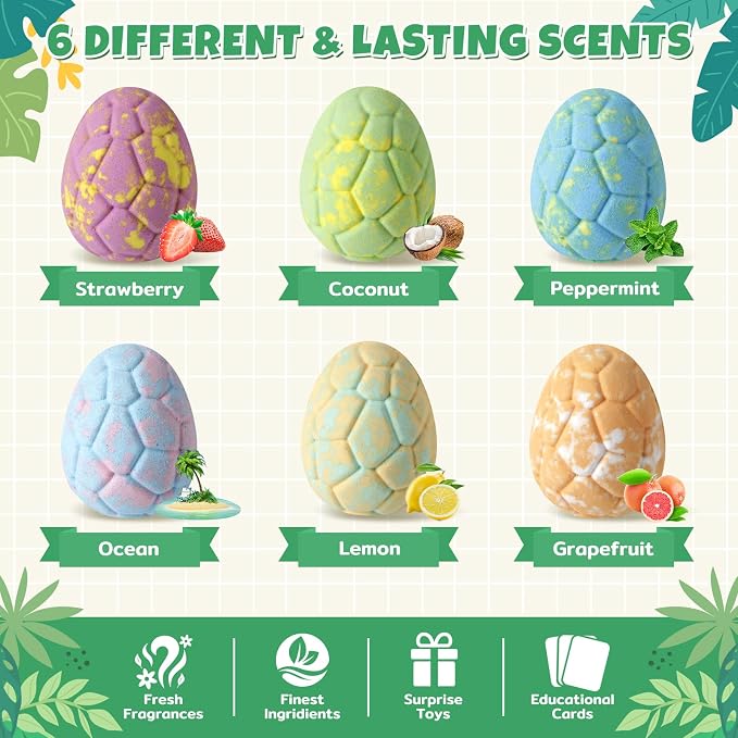 TranquilBliss Dino Egg Bath Bombs for Kids with Surprise Inside, 6 Packs Dinosaur Bath Toys Set for Boys,Girls, Bubble Fizzies, Educational Birthday & Christmas Gift Ideas