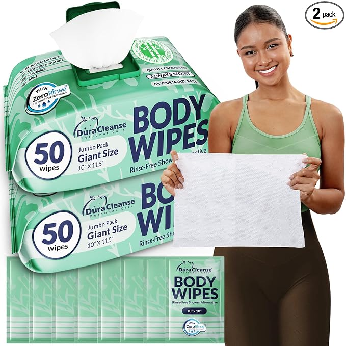XL Body Wipes for Women - (2pk), 100 XL Shower Wipes + 8 Deodorizing Bath Wash Cloths - 10 x 11.5" Travel Size No Rinse Bathing Sheets, After Gym Cleaning Essentials, Toiletries for Womens Hygiene