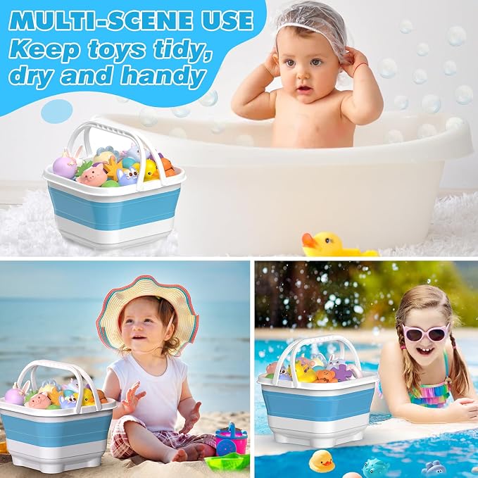 Anivia Foldable Bath Toy Storage Organizer with Removable Base, Quick-Drain-Drying Bathtub Toy Holder Basket for Kids, Blue