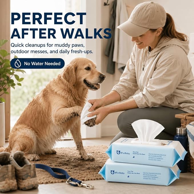8" x 8" Dog Wipes for Paws and Butt, Unscented, 400 Count | Hypoallergenic and hydrating pet grooming wipes for dogs, cats, and daily care.