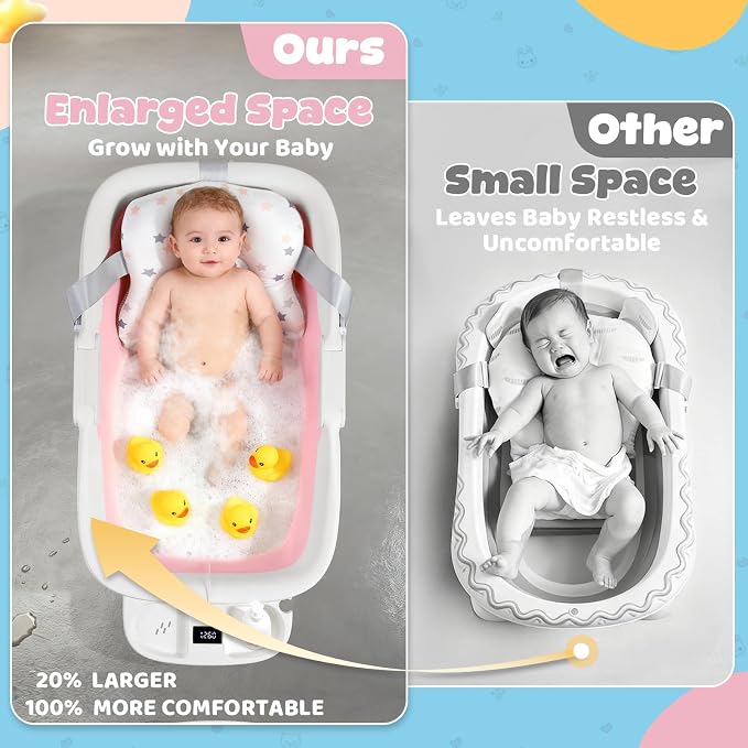 Orzbow Collapsible Baby Bathtub, Large Baby Bath Tub for Newborn with Soft Cushion & Thermometer, Travel Portable Baby Tubs for Infants to Toddler 0-36 Months, 28x16.9 inches, Pink