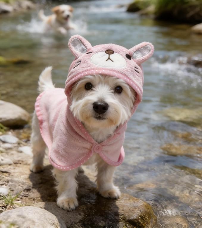 Dog Hooded Bathrobe Towel Fast Drying Absorbent Bath Warm Blanket | Pink S