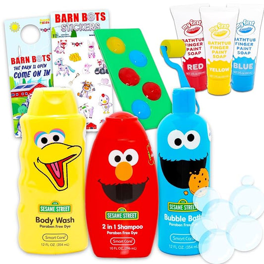 Ultimate Sesame Street Bathroom Set - Bundle with Shampoo, Body Wash, Bubble Bath, Paint, Stickers, More | Sesame Street Bath and Shower Supplies Kit for Kids, Boys, Girls
