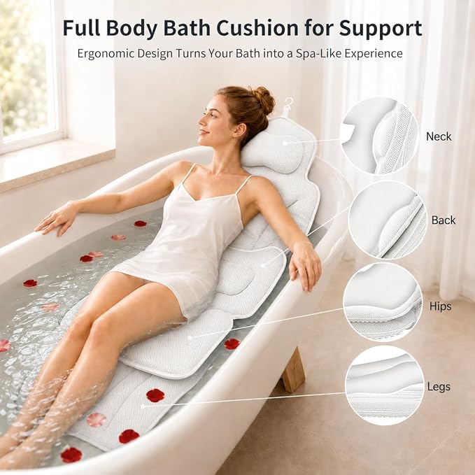 58" Full Body Bath Pillow for Two, Bath Tub Pillows for Head and Neck, Waist, Back Support, 6D Air Mesh Luxury Bathtub Cushion for Soaking Tub, Bathtub Accessories for Relaxing Spa