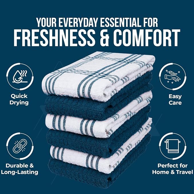 DAN RIVER Premium Blue Opal Kitchen Towels - [Pack of 12] 100% Cotton (16x 26 Inches) -Super Soft, Highly Absorbent Hand Towels, Quick Dry, Dish Towels, Tea and Bar Towels Set
