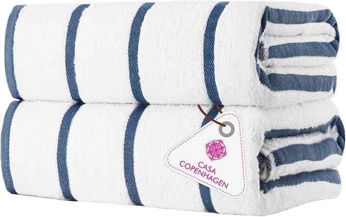 CASA COPENHAGEN Cabana Pool 2Pcs 100% Egyptian Cotton XL Designer Bathsheet Beach Towels Gift Set- White Navy, 500GSM, 35"x70", Bath Sheet Beach Towels (Box Pack, Set for Women & Men)