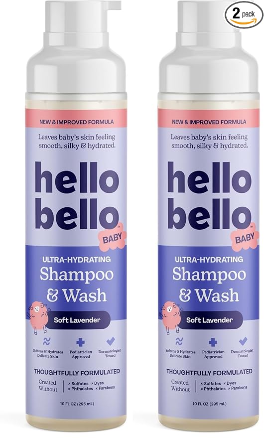 Hello Bello Shampoo and Body Wash, Gentle Hypoallergenic Formula for Babies and Kids, Vegan and Cruelty-Free, Lavender, 10 fl oz (Pack of 2)