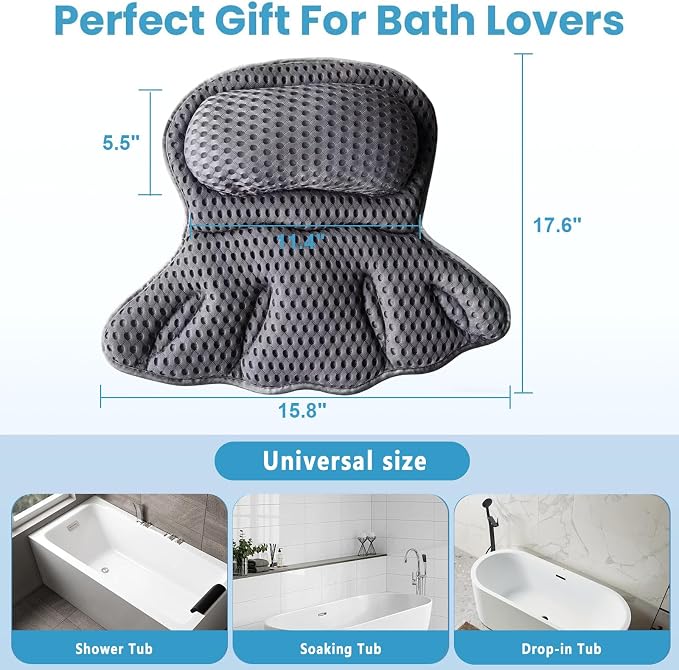 Luxury Bathtub Pillow, 4D Air Mesh Soft Bath Pillows for Tub, Ergonomic Neck & Back Support, Non-Slip Suction Cups Head Neck Support Hot Tub Pillow, Spa Bath Accessories Gift for Women Gray