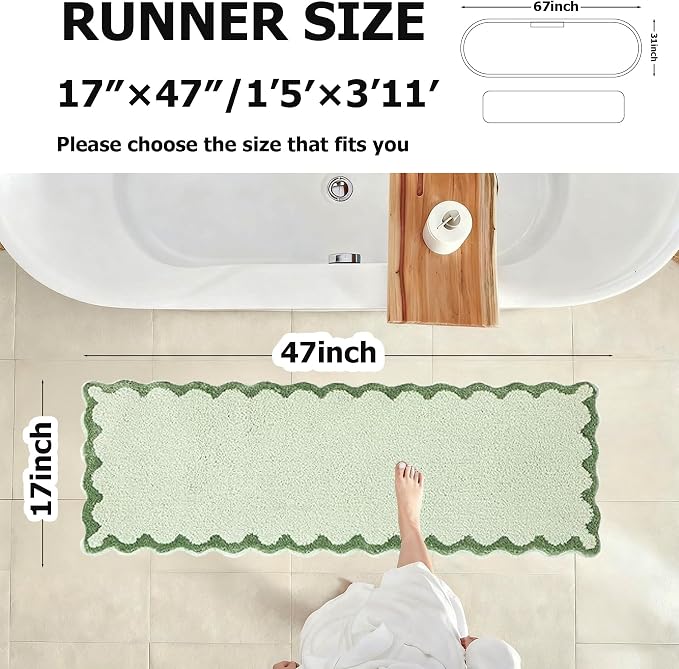 ORTIGIA Long Cute Scalloped Bathroom Rugs Runner, Fun Green Plush Microfiber Scallop Bath Mats Non Slip Washable Quick Dry Absorbent, Rug Carpet for Bathtub Sink Laundry Room Bedroom, 17x47