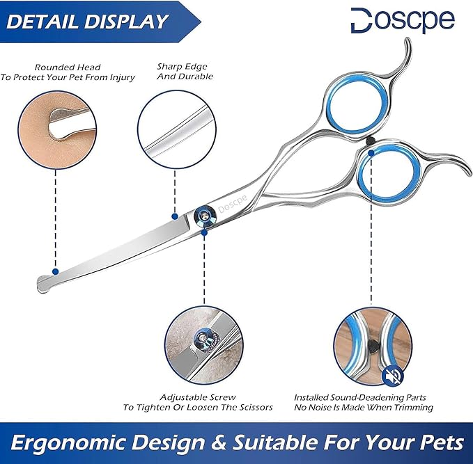 Curved Dog Grooming Scissors 7.28 inches Round Tips Pet Grooming Shears for Dog Cat on Face Paw Hair Trimming Right Left Handed