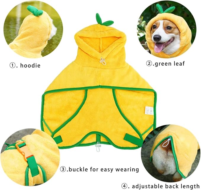 Dog Bathrobe Towel, Cat Bathrobe Microfiber Fast Drying Absorbent Towel for Puppy Small Medium Large Dog Cat (Yellow, Small)