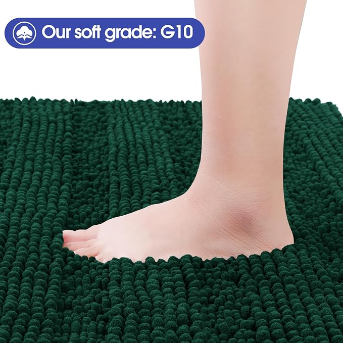 Christmas Striped Deep Green Bathroom Rug Mat Set 2 piece 32"x20"+24"x17" Ultra Soft, Non Slip Chenille Bath Rugs, Absorbent Plush Shaggy Bath Mats for Bathroom, Bedroom, Kitchen, Shower, Tub