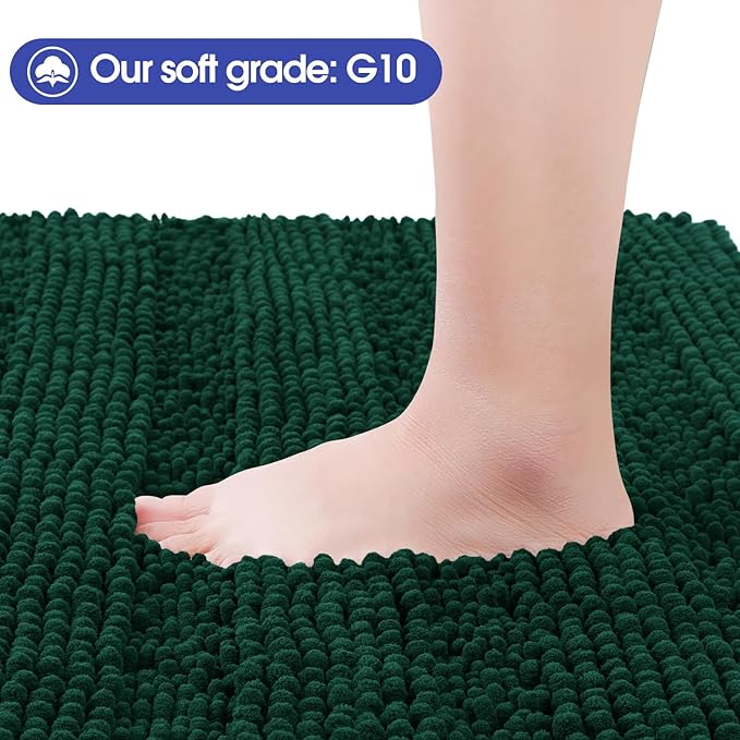 Christmas Striped Deep Green Bathroom Rug Set 3 Pieces Ultra Soft, Non Slip Chenille Bath Carpet, Absorbent Plush Shaggy Bath Mats for Bathroom, Toilet, Bedroom, Kitchen