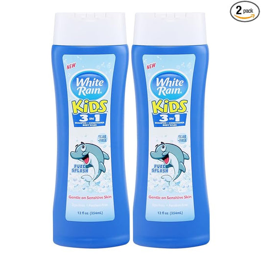 White Rain 3-in-1 Kids Shampoo Conditioner Body Wash, 12 fl oz (Pack of 2), Tear-Free Shampoo, Kids Body Wash, Paraben-Free, Gentle Formula for Daily Bath Routines, Pure Splash