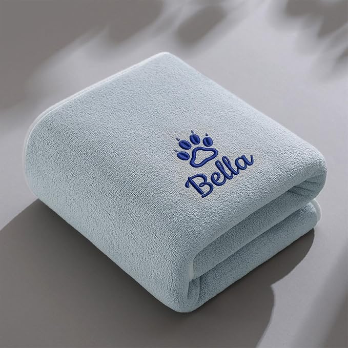 Custom Pet Bath Towel with Embroidered Name, Personalized Paw Print Pet Towel for Dogs and Cats,Soft Coral Fleece Dog Drying Towel (Grayish Blue)