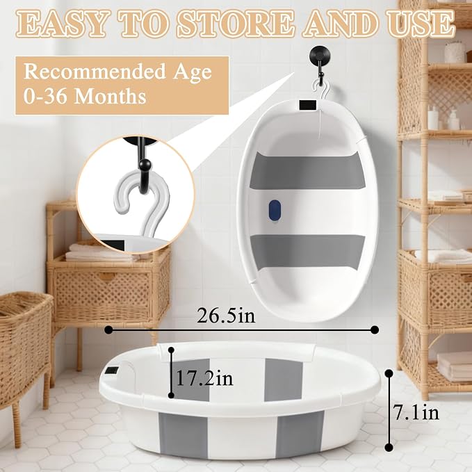 Baby Bathtub, Baby Tub with Thermometer & Soft Cushion, Collapsible Baby Bathtub from Newborn to Toddler Bathtub 0-36 Months, Foldable for Quick Use & Portable for Travel(Grey)