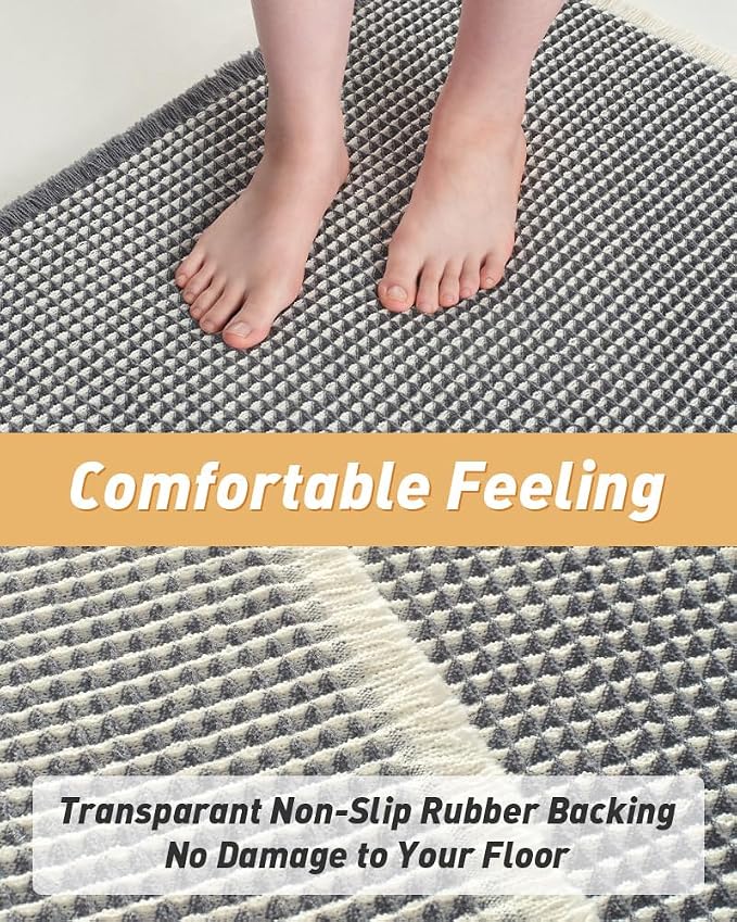 AMOAMI Upgraded Waffle Runner Rug Super Absorbent Non Slip Bath Mats for Bathroom Machine Washable Bathroom Runner Rug with Tassels, Ideal for Hallway Bedroom Laundry Room, 2' x 6', Darkgrey & Cream
