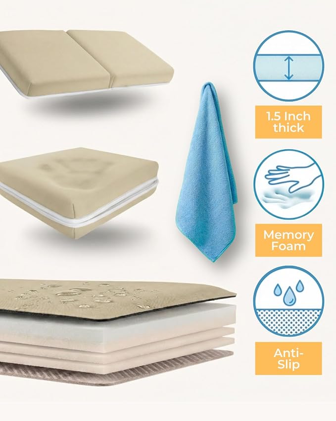 Comfortable Baby Bath Kneeler and Elbow Rest Pad Set – Thick Memory Foam Bath Kneeling Pad with Elbow Support – Baby Bathtub Cushion with Toy Organizer for Bathing Infant or Toddler - Beige