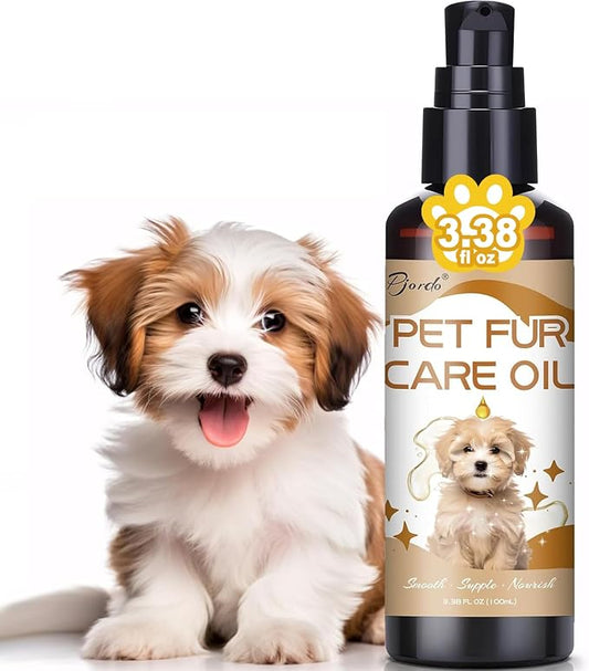 Pjordo Pet Fur Care Oil, 3.38 FL OZ Natural Oils with Collagen for Detangles, Reduces Shedding, Shiny & Silky Coat, Leave-in Conditioner for Dogs & Cats