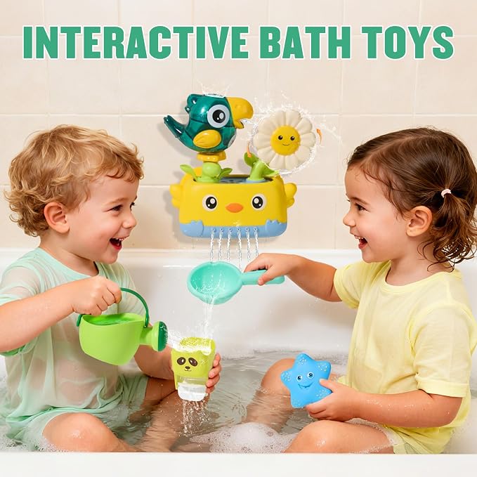 Bath Toys Toddlers 2-4, Mold Free Toddler Bath Toys for Kids Ages 1-3, Baby Bathtub Water Toys with Strong Suction Cups Waterfall Shower Toy with Bath Cups & Watering Can for 18+ Months Boy Girl Gifts
