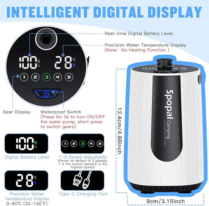 Spopal Portable Shower for Camping, [Upgraded] 10000mAh Rechargeable Camping Shower with 5 Adjustable Speeds,Premium LED Display, IPX8 Waterproof Outdoor Shower Kit for Hiking, Car, Pet, Travel