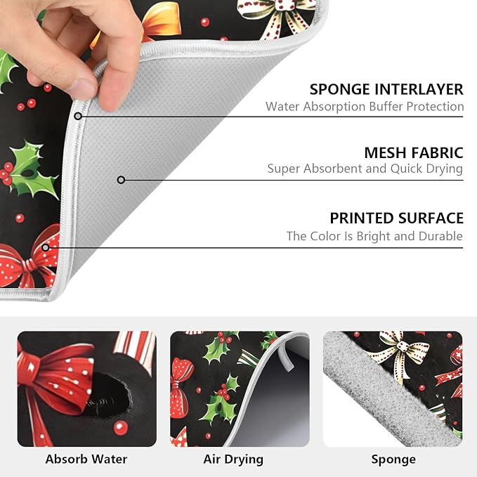 Christmas Bow Berries Dish Drying Mat, Absorbent Drainer Mats for Kitchen Counter Coffee Maker 24"x18"