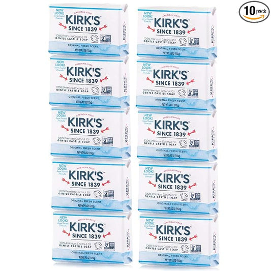 Kirk's Original Coco Castile Bar Soap Original Fresh Scent 4 Ounces (Pack of 10)