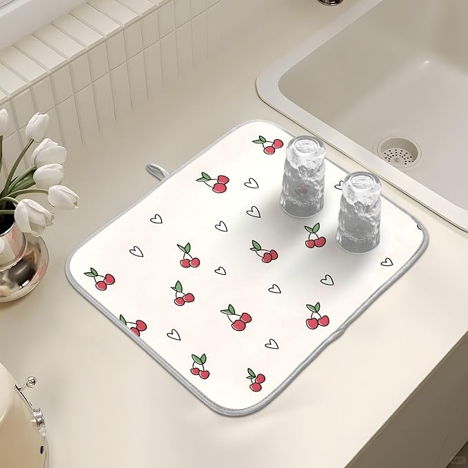 Cute Cherry Heart Pattern Dish Drying Mat, Absorbent Drainer Mats for Kitchen Counter Coffee Maker 18"x16"