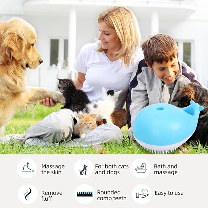 Whale-Shaped Pet Bath Massage Brush,Gentle Silicone Bristles for Dog and Cat Bathing & Massage,Shampoo Brush with Built-in Shampoo Dispenser