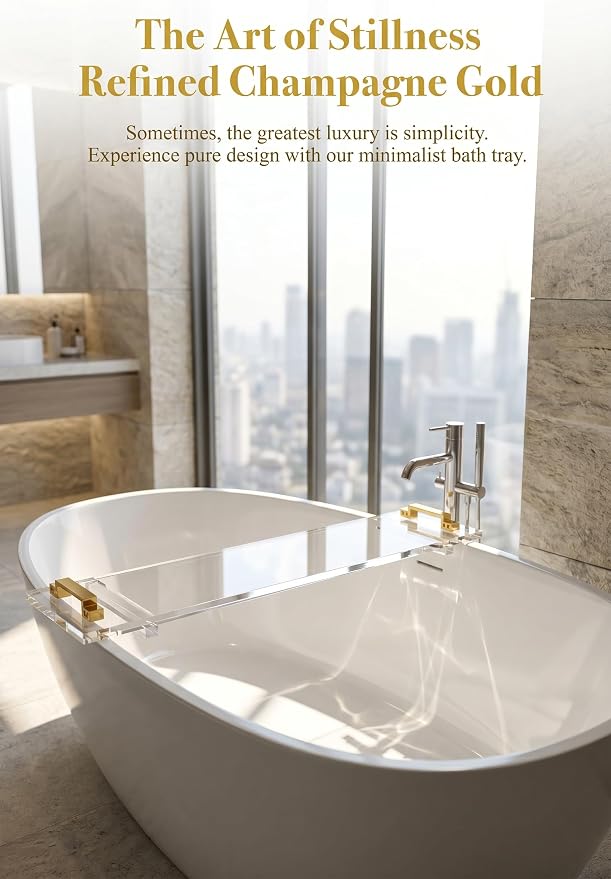 42" transaprent Bathtub Caddy with Gold Handle for Luxury Bathroom Bathtub Acrylic Tray for Large Soaking Tub