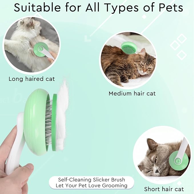 Cat Grooming Glove Brush, Self-Cleaning Slicker Pet Brush for Short and Long Haired Pets, Dog Bath Brush for Shedding and Grooming, Removes Loose Hair and Tangles, Green