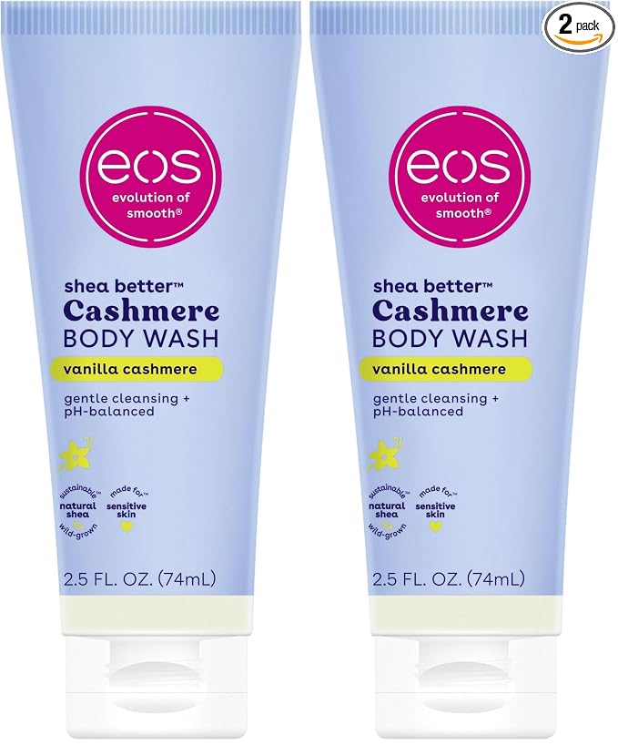 eos Travel Vanilla Cashmere Body Wash- Travel Size Essential, Toiletries, Mini Body Wash, 2.5 fl oz (Pack of 2)