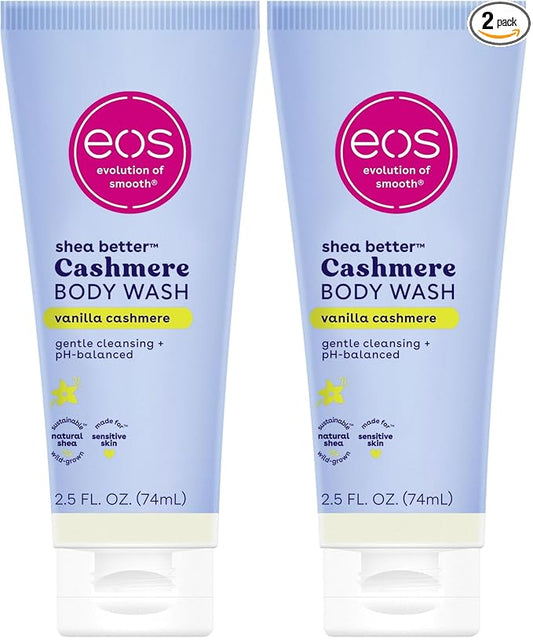 eos Travel Vanilla Cashmere Body Wash- Travel Size Essential, Toiletries, Mini Body Wash, 2.5 fl oz (Pack of 2)