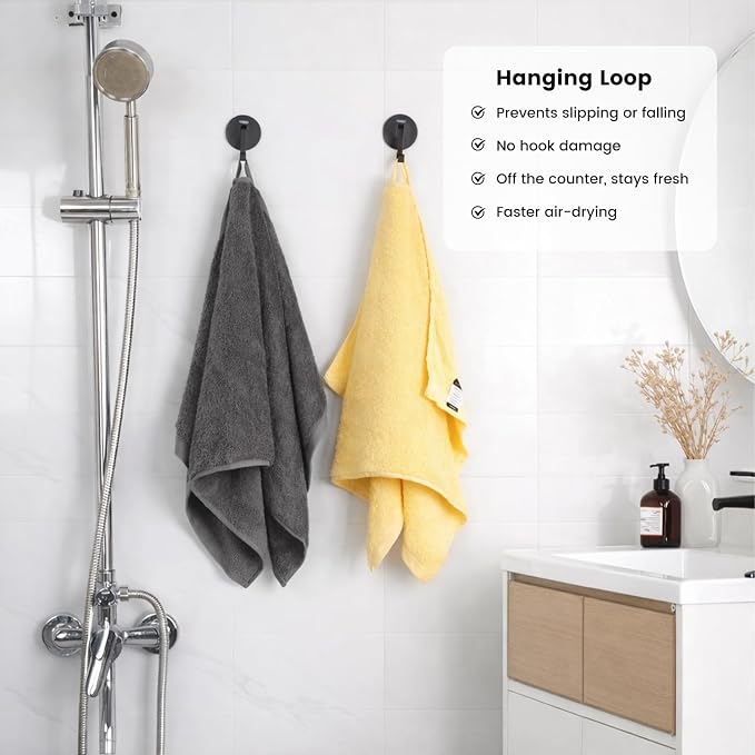 12-Piece Cotton Bath Towel Set with Hanging Loops for Bathroom, Yellow&Gray | Balanced towel set for family showers, sink-side use, guest baths, and wash-day rotation, OEKO-TEX certified, easy care