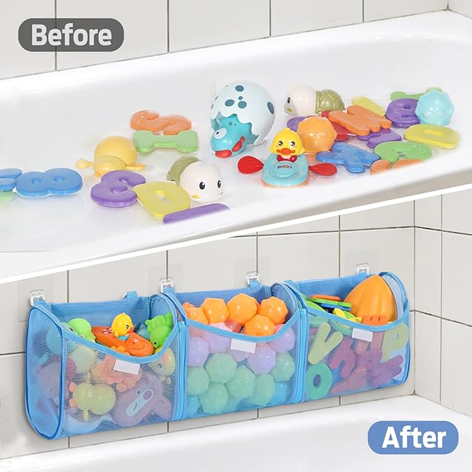 Goowin Bath Toy Storage, Bath Toy Holder, 3 Compartment Large Openings Bath Toy Organizer, Large Capacity Bath Tub Toy Holder, Kids Bathtub Toy Storage for Accessing & Sorting Toys (Blue, Upgrade)