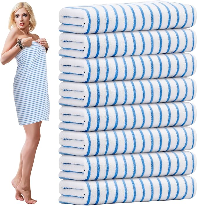 SmoothNovelty 8 Pack Microfiber Bath Towels Bulk 27'' x 60'' Oversized Bath Towel Highly Absorbent Extra Large Shower Sheets Soft Drying for Beach Pool Bathroom Salon Party(Thin Stripe,Blue)