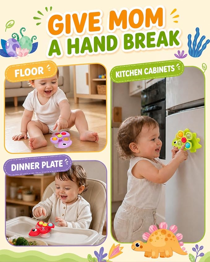 3PCS Dinosaur Suction Cup Toys for 1 Year Old Boys Girls | Sensory Baby Bath Toys for Toddlers 1-3 | Infant Travel & Window Toys | Birthday