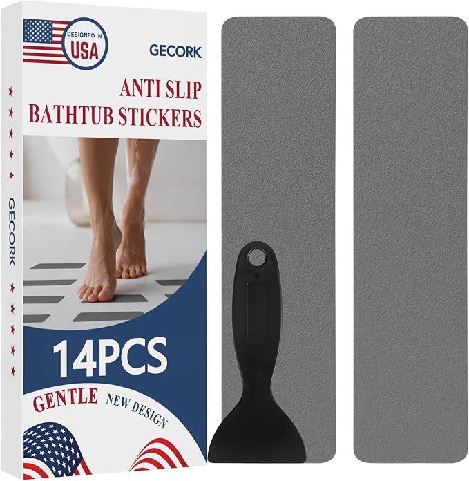 Gecork 14 PCS Shower Floor Non Slip Stickers with Strong Adhesive, Invisible & Durable Anti Slip Shower Stickers with Scraper for Bath Tub, Pools and Stairs, Grey, Wide Rectangle