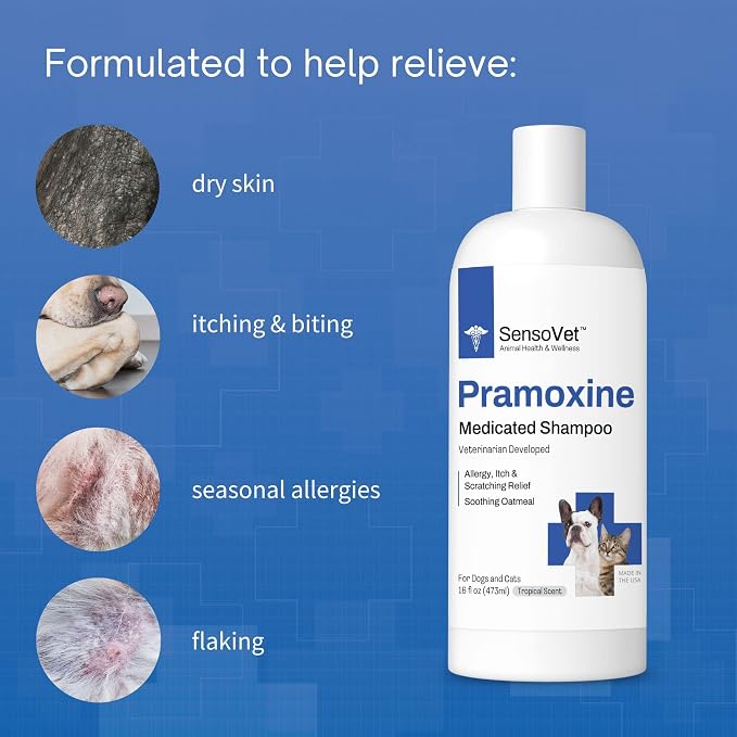 Pramoxine with Oatmeal Shampoo for Dogs, Cats, and Horses, Helps with Allergy, Scratching, and Itch Relief, moisturizes and soothes Dry Skin, Hypoallergenic