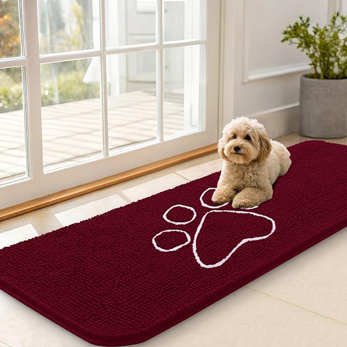 OLANLY Dog Door Mat for Muddy Paws 70x35, Paw Print Design, Absorbs Moisture and Dirt, Absorbent Non-Slip Washable Doormat, Quick Dry Chenille Mud Mat for Dogs, Entry Indoor Entryway Carpet, Burgundy